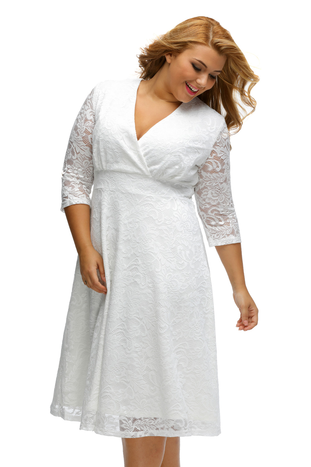 BY61442-1 White Plus Size Surplice Lace Formal Skater Dress